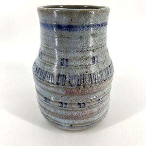 Studio Art Pottery Ceramic Signed Ivory Blue Striped Horizontal Banding Jar Vase